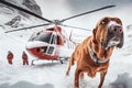 Red rescue helicopter in the winter mountains and rescue dog.