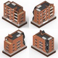 Red residential building in a small isolated platform. Raster 3d illustration of a perspective view. Set of 4 types of