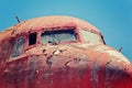 Red retired airplane. Cockpit of airplane wreck Royalty Free Stock Photo