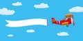 Red retro airplane aircraft with advertising banner ribbon in the cloudy sky. Vector isolated illustration Royalty Free Stock Photo