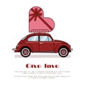 Red retro beetle car with big present box in form of heart on trunk isolated on white background. Flat vector