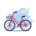 Red retro bicycle. Flat illustration of bicycle with bascet for shopping against cloud sky background.