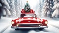 Red retro car carrying Christmas tree and gifts on roof driving through a snowy winter forest. Christmas background. Royalty Free Stock Photo