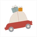 Red retro car with Christmas or New Year gifts. Little classic car carrying X-mas present boxes on its rack. Vector