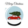 Red retro car with a Christmas tree in a ball with snow Royalty Free Stock Photo