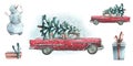 A red retro car with a Christmas tree on the roof with a snowman, gifts, snow. Watercolor illustration hand drawn. Set Royalty Free Stock Photo