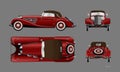 Red retro car on gray background. Vintage cabriolet in realistic style. Front, side, top and back view Royalty Free Stock Photo