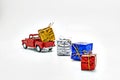 red retro car toy strewed boxes with gifts isolated Royalty Free Stock Photo