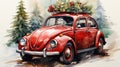 Red retro car at winter forest. Watercolor illustration Merry christmas art card Royalty Free Stock Photo