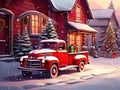 A red retro Christmas truck with gifts and a Christmas tree in the back near a decorated house in winter with snow. A holiday card Royalty Free Stock Photo