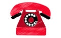 Red retro, hipster, antique, old, antique phone painted in strokes on a white background. Royalty Free Stock Photo