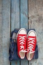 Red retro sneakers and jeans on a blue wooden background Royalty Free Stock Photo