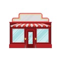 Red retro store facade, front view of city building cartoon vector Illustration