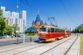 Red retro tram in Moscow