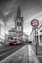 Red retro tram near Jindrisska Tower in Old Town. Royalty Free Stock Photo