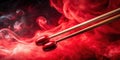 Red rhythm wooden percussion sticks in a crimson smoke cloud. Generative AI Royalty Free Stock Photo