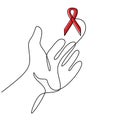 Red ribbon Aids in hands continuous one line drawing. Support hope for cure vector illustration with red loops and lettering. HIV