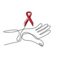 Red ribbon Aids in hands continuous one line drawing. Support hope for cure vector illustration with red loops and lettering. HIV