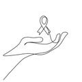 Red ribbon Aids in hands continuous one line drawing. Support hope for cure vector illustration with red loops and lettering. HIV