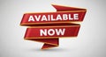 Red and gold ribbon banner with white text AVAILABLENOW on a light grey gradient background Royalty Free Stock Photo