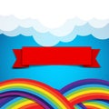 Red ribbon banner on rainbow clound and sky background Royalty Free Stock Photo