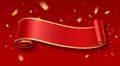 Red Ribbon banner, Small pieces of gold ribbon flying, horizontal curve realistic on red background