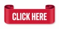 Red ribbon banner with the words CLICKHERE in white text on a white background Royalty Free Stock Photo