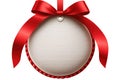 Red ribbon bow on a hanging round label on white background. Generative AI Royalty Free Stock Photo