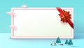 Red ribbon bow on pink frame Happy Christmas background with copy-space for your product. Empty space for advertising. Modern