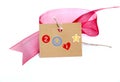 red ribbon and brown carton card with text on white Royalty Free Stock Photo