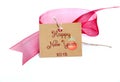 red ribbon and brown carton card with text on white Royalty Free Stock Photo