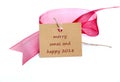 red ribbon and brown carton card with text on white Royalty Free Stock Photo