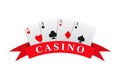 Red ribbon with the casino inscription combined with a four aces Royalty Free Stock Photo