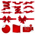 Red ribbon and gift bows. Silk decorative shiny tape banners, label and sticker for christmas discount offer. Realistic Royalty Free Stock Photo