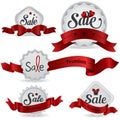 Red ribbon glossy sale badges with various shape a