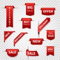 Red ribbon labels. Big sale, new offer and best price, discount silk scarlet promotional event banners. Isolated vector Royalty Free Stock Photo