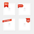 Red ribbon labels graphic, vector for online or social media blank post template. Promotion and advertising tags.