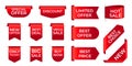 Red ribbon labels. Shopping exclusive stickers and big sale tag, new offer, discount. Silk scarlet promotional event