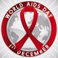 Red Ribbon over Silver Globe for World AIDS Day, Vector Illustration