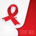 Red ribbon pinned to the collar of medical robe. Stop AIDS. The concept of the poster or web banner.