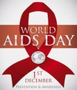 Red Ribbon with Silver Badge Commemorating World AIDS Day, Vector Illustration