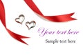 Red ribbon and silver hearts Royalty Free Stock Photo