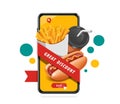 Red ribbon with text great discount wrap in sausage, French fries, can of soft drink to smartphone and there is buy order button