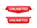 Red ribbon on Unlimited text on white background. Promotion sign. Vector stock illustration Royalty Free Stock Photo