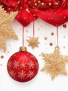 Red ribbons, Christmas balls and stars 3D. Royalty Free Stock Photo