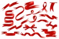 Red ribbons set in cartoon design. Bundle of different curled and swirled ribbons