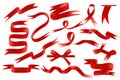 Red ribbons set in cartoon design. Bundle of different curled and swirled ribbons, glossy labels and silk tags, gift bows, blank