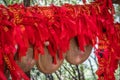 Red ribbons along trail in mountains in Zhangjiajie