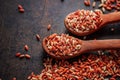 Red Rice in wooden spoons on dark background Royalty Free Stock Photo