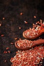 Red Rice in wooden spoons on dark background Royalty Free Stock Photo